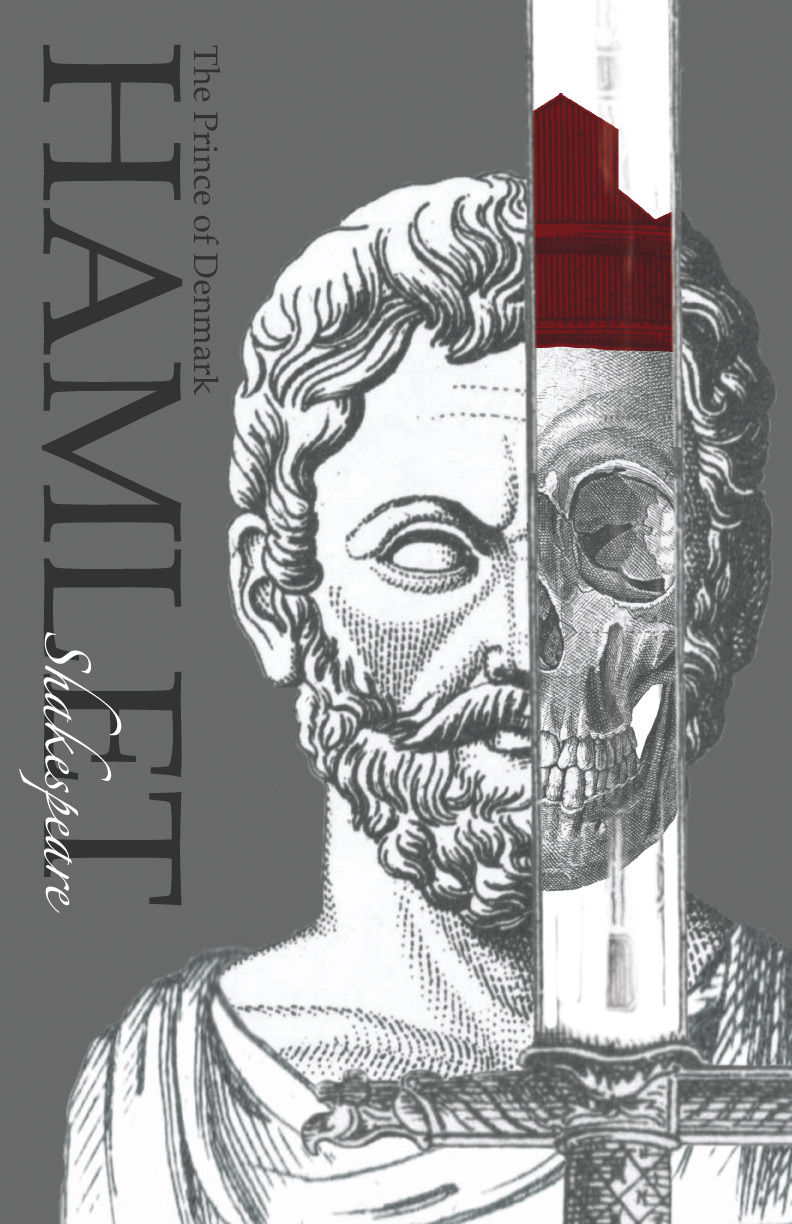 first hamlet poster. it depicts a man holding a sword infront of his face. the reflection of the skull shows the underlying intentions of the character