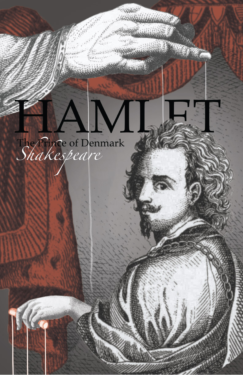 second hamlet poster. it depicts a man manuvering the strings of a puppet showing the underlying games and slick hands in the Hamlet play
