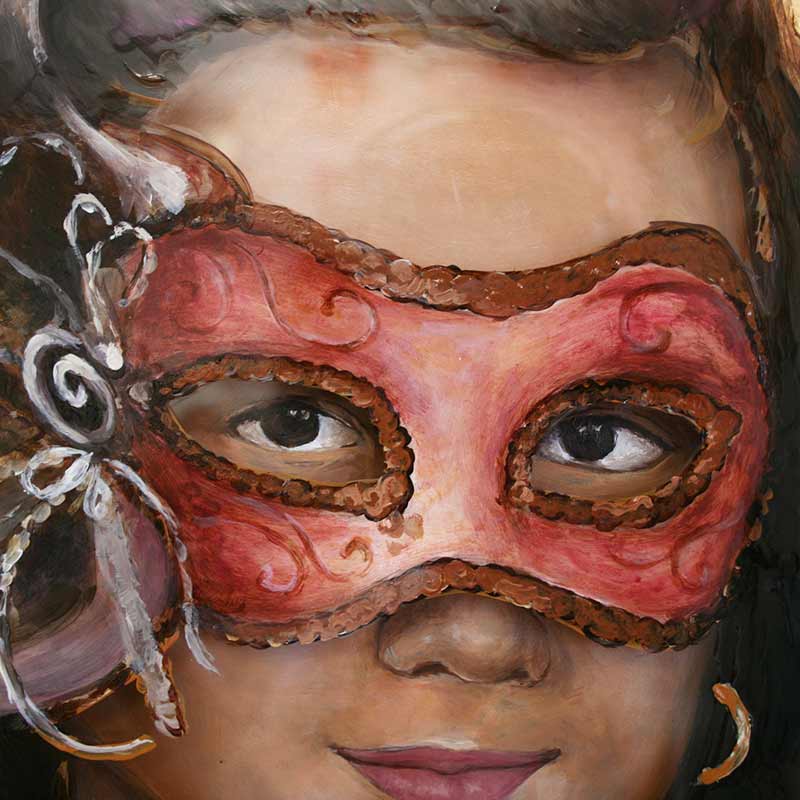 thumbnail picture showing a young girl with a carnival mask. painted with oils paints