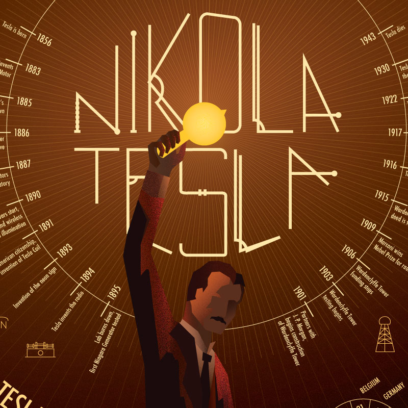 thumbnail for the the tesla poster project. Shows Nikola Tesla in all his glory holding his invention; the light bulb
